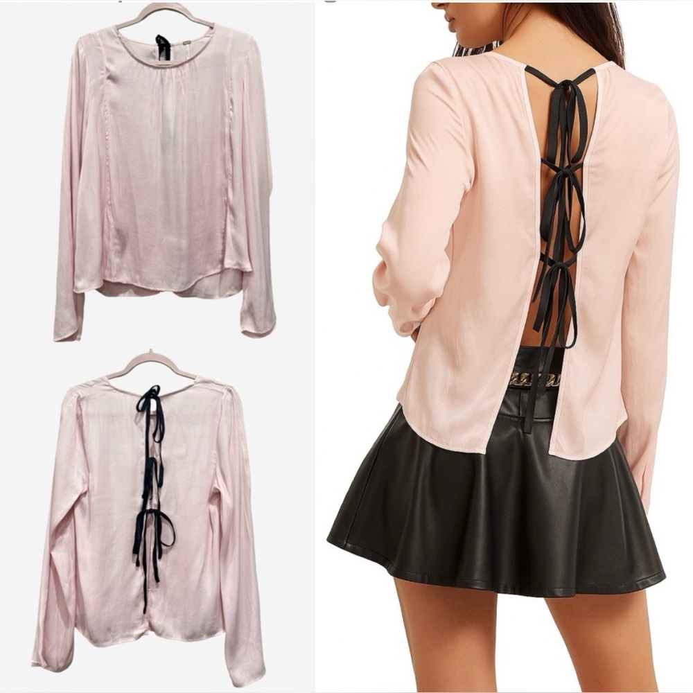 Free People Aarabella Satin Top Blush Pink Long Sleeve Blouse Size Small